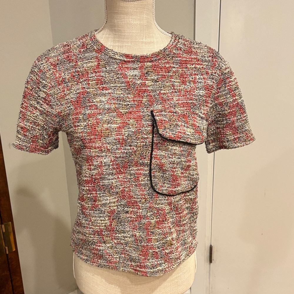 ZARA Textured Bouclé Short Sleeve Top - Multi/Red - Size S